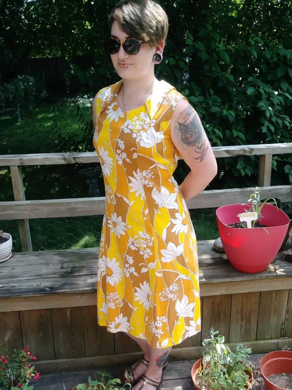 Vintage 60's Dress - Retro Yellow Orange White Floral Sleeveless by Miss Smith